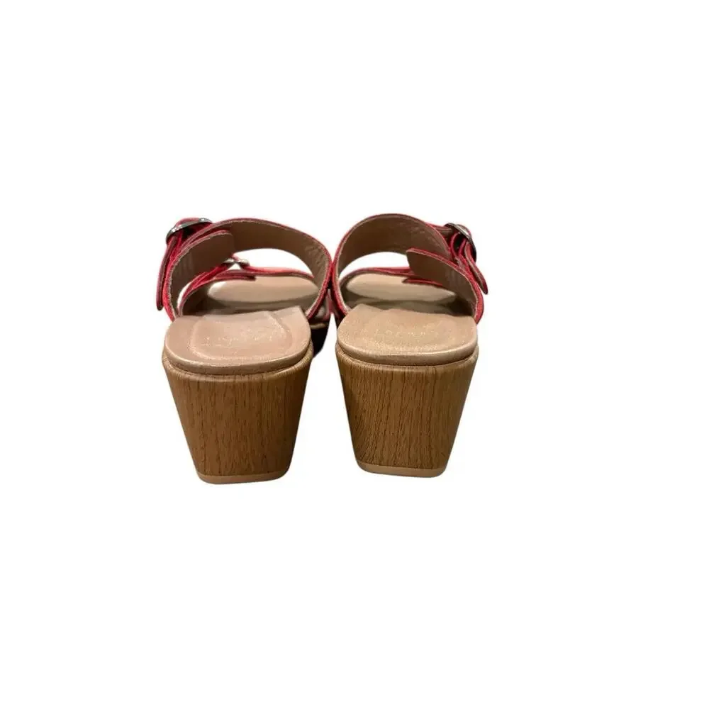 Dansko Jessie Leather Sandals Womens 37 Red Platform Buckle Strap Wedge Heel - Picture 6 of 9